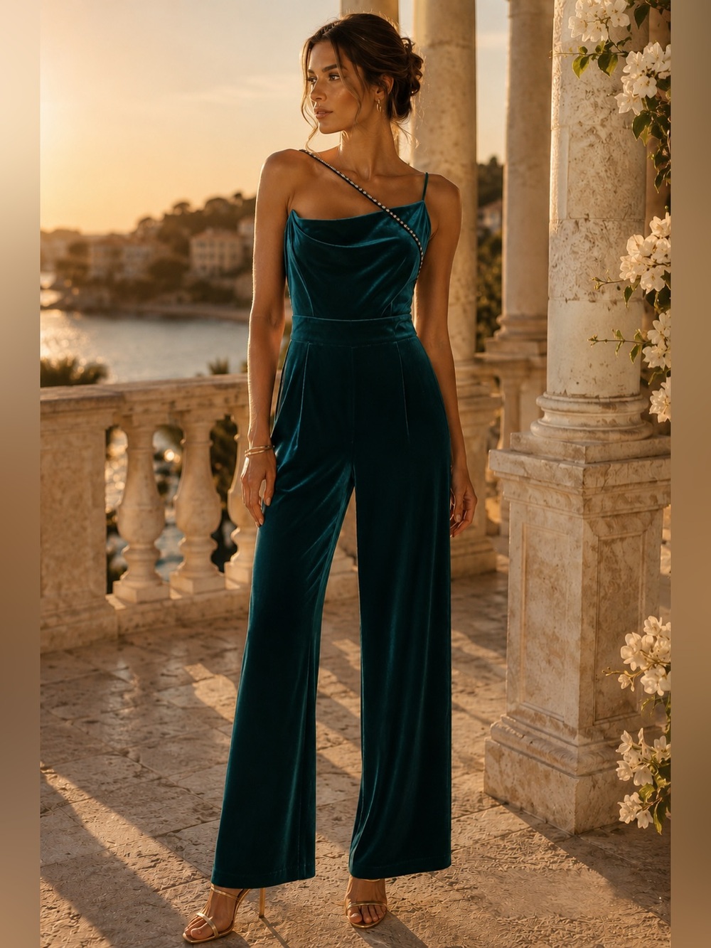 Velvet Cowl Neck Jumpsuit in Deep Teal